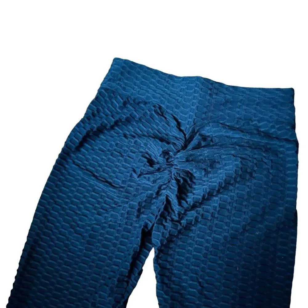 Gillya Honeycomb Scrunched Butt Lift TikTok Workout Leggings Blue Cropped M